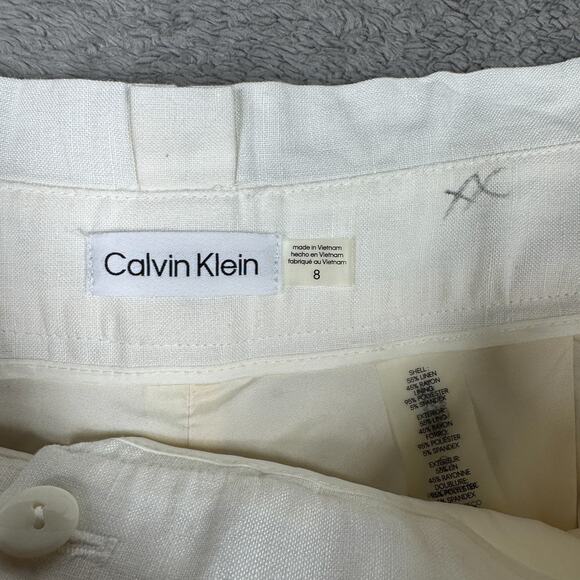 Calvin Klein Womens Linen Blend Suit Pants Belted NWT Sz 8 White High Rise - Picture 3 of 11